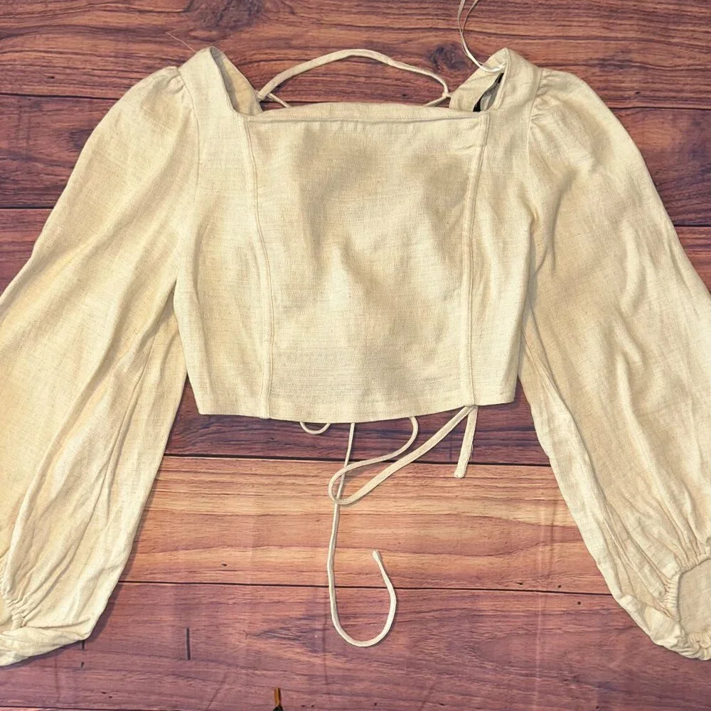 ZARA LINEN/COTTON LACE-UP BACK BLOUSE